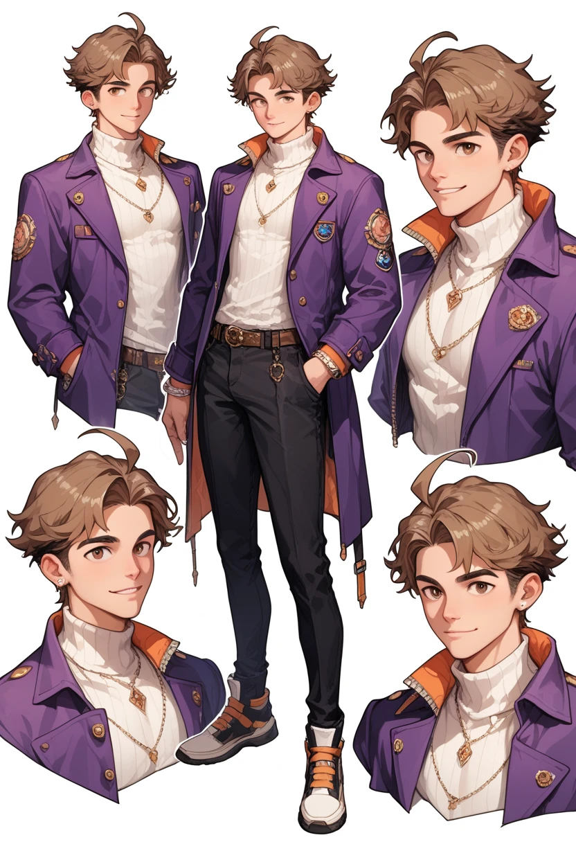 (( masterpiece fails, highest quality)),  detailed face,  leaf characteristic ,  full height, full of details ,  Lots of poses and expressions,  smile very detailed, depth, many parts,  1 boy ,  A young man,  black pants , white turtleneck , Purple coat ,  black hair, bang,  hair consumes , ahoge,  brown eye 