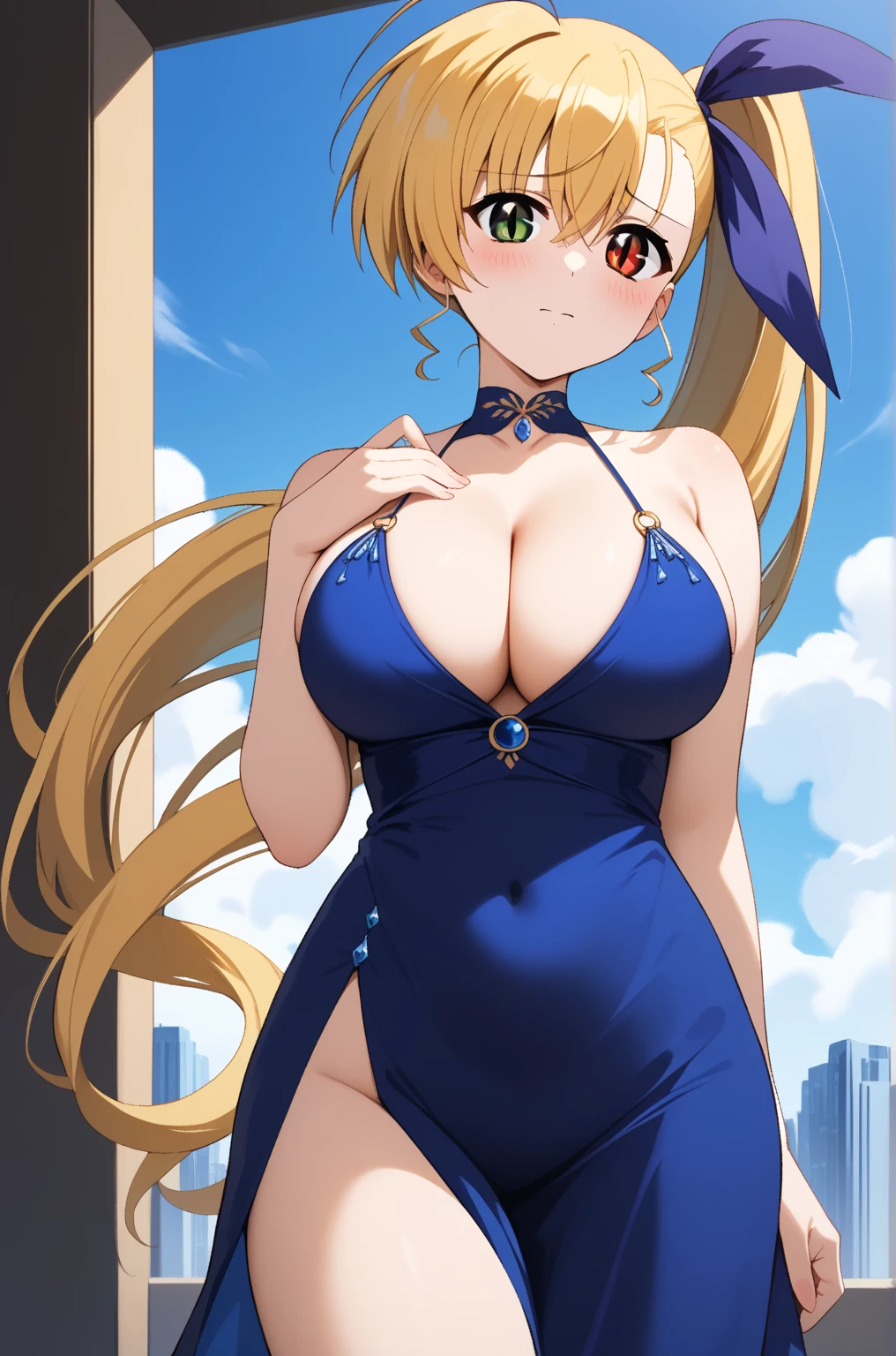 masterpiece,best quality,{{detailed beautiful face and eyes}},
Vivio,{{{megami magazine}}},long hair,blonde hair,ahoge,side ponytail,hair ribbon,heterochromia,grenn eyes,red eyes,large breasts,
((blue evening dress,deep slit,large breasts,cleavage)),
1woman,(is embarrassing,big blush,closed mouth:1.0),
((standing,cowboy shot,looking at viewer:1.2)),
(night city:1.0),clothed