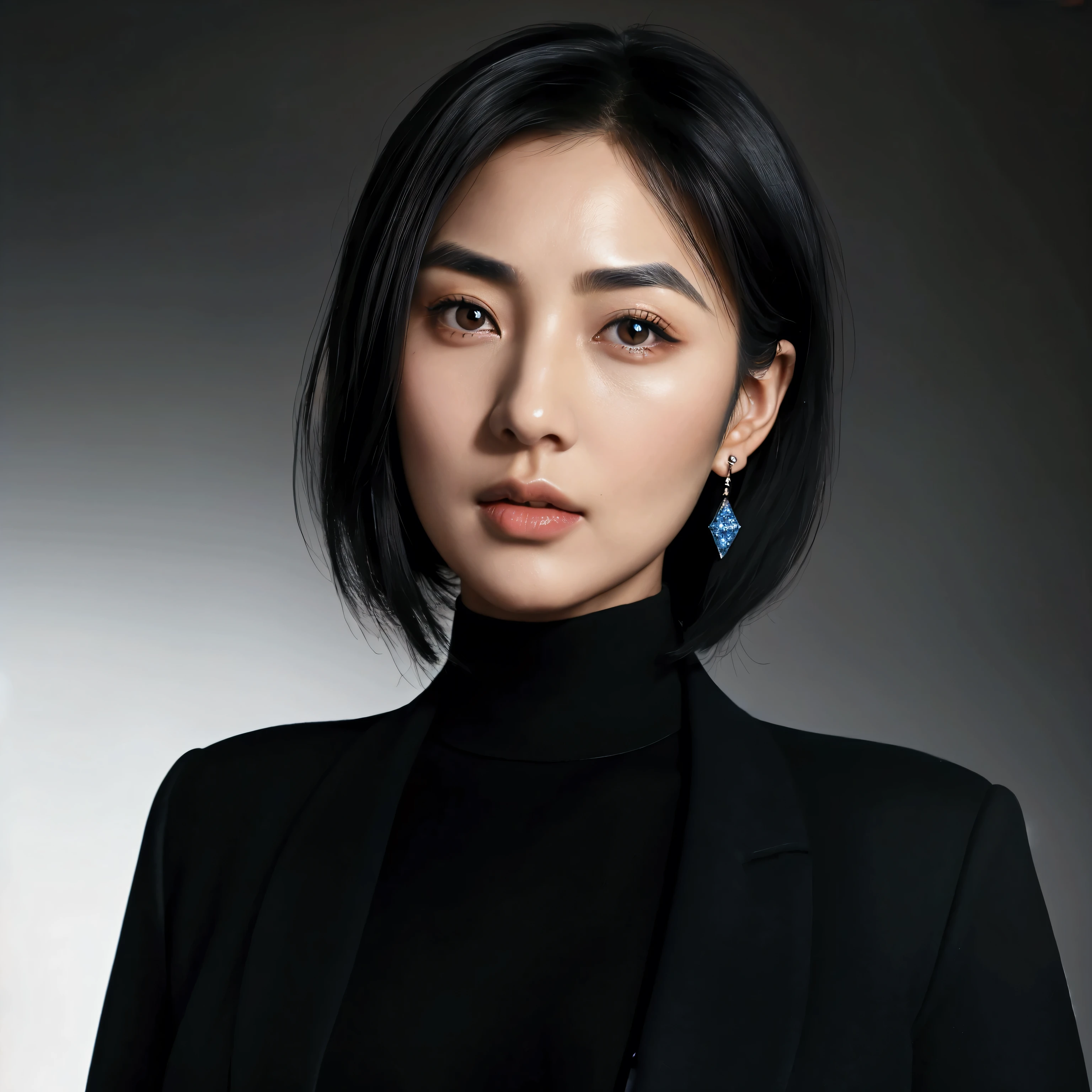 40 years old Japanese beautiful woman, MILF, inverted triangle face, droopy eyes, black eyes, dark and thick eyebrows, big mouth, thin lips, very small earrings, black bob hair, perfect makeup, clear skin, shiny skin, face is shiny, bright blue turtleneck sweater, black suit jacket, bust shot, front view, news program studio, masterpiece, best quality, ultra detailed, photorealistic, high resolution, masterpiece, best quality, ultra detailed, photorealistic, high resolution, NFSW,