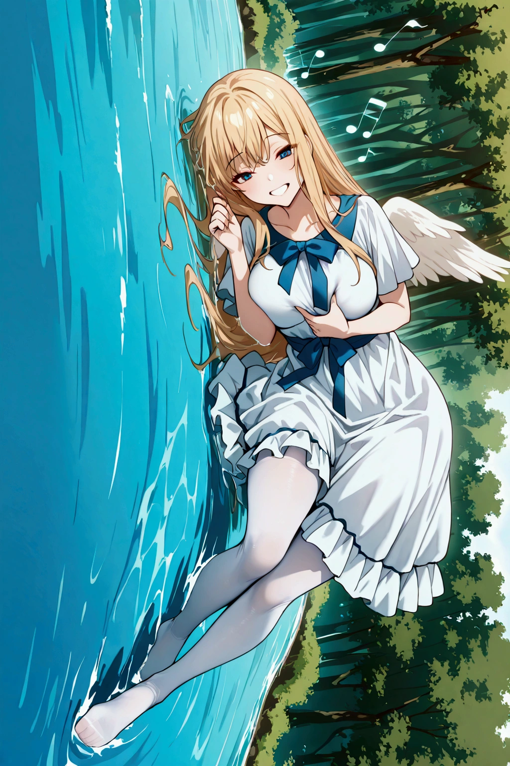 alone, girl, Full from Tate no yuuya, tall, adult version, long Blonde hair, blue eyes, white dress,white little wings, Big blue ribbons on dress, pretty tights, firm breast, Big smile, playing in a river, music notes, no shoes, ornamental pin filolial, river, forest, sing,perfect scene , Masterpiece, score 9, anime colors, sideways, AMERICAN SHOT, beautiful, composition, HARMONY, high quality, poster quality ,beautiful, feminine.