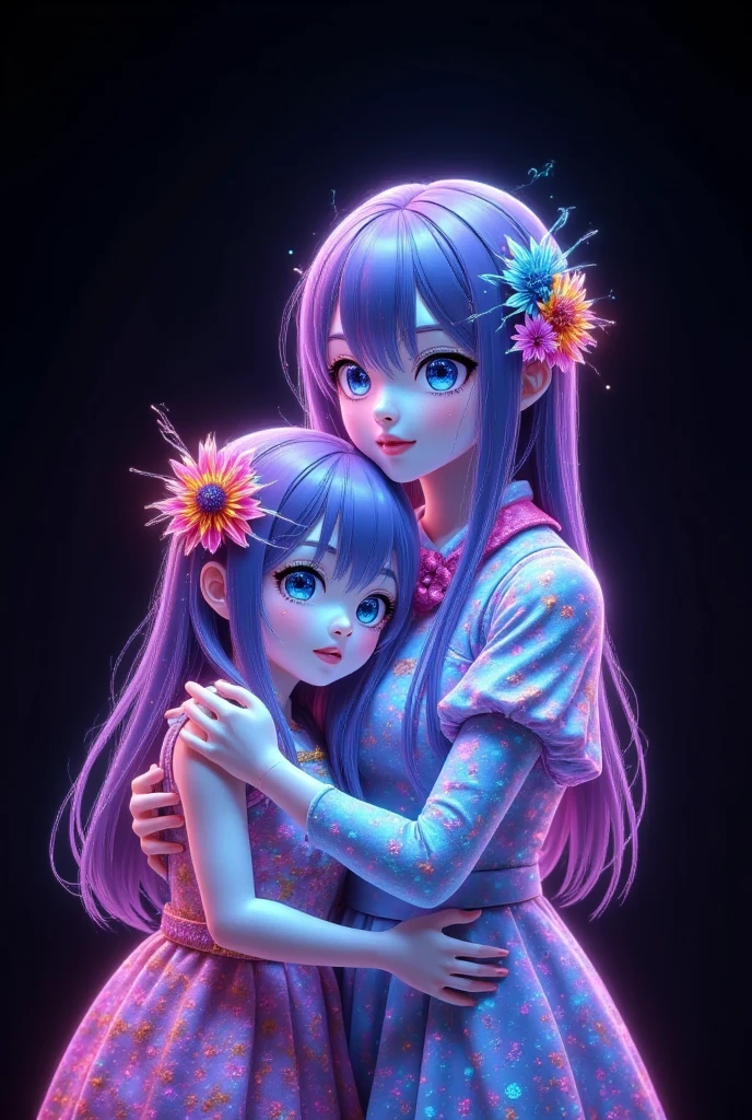 Two anime-style girls, (ethnicity:1.0), (age:1.0 - young teenager with a younger ). Close-up, portrait view, center composition.  Older girl (age: 1.1), (detailed hair: 1.2), (color hair: 1.2), (colorful flower decorations: 1.2) in vibrant rainbow pastel colors, (detailed clothing:1.2), neon-bright rainbow dress, (expression: 1.1), (pose: 1.1) embraces younger girl (age: 1.0), (detailed hair: 1.2), (color hair: 1.2), (flower decorations: 1.2); (detailed clothing: 1.2), vibrant pink and purple dress.  Younger girl positioned slightly towards the left, (pose:1.1). Both girls have large, expressive, striking blue eyes, (detailed eyes: 1.3), (facial features: 1.3), soft features.  Intensely vibrant colors with neon-bright rainbow lighting emphasize the style.  Artwork has digital drawing style, colorful details, glowing aesthetic. (detailed skin texture: 1.1), (detailed hair strands:1.2), (accessories: 1.1), (flower accessories): 1.2), (tattoo detail: 1.1).  Dynamic and expressive eye contact, detailed facial features, and radiant colors, detailed vibrant clothing designs, highly saturated.  Photorealistic style, digital art, animation.  Digital painting style, bright and colorful.