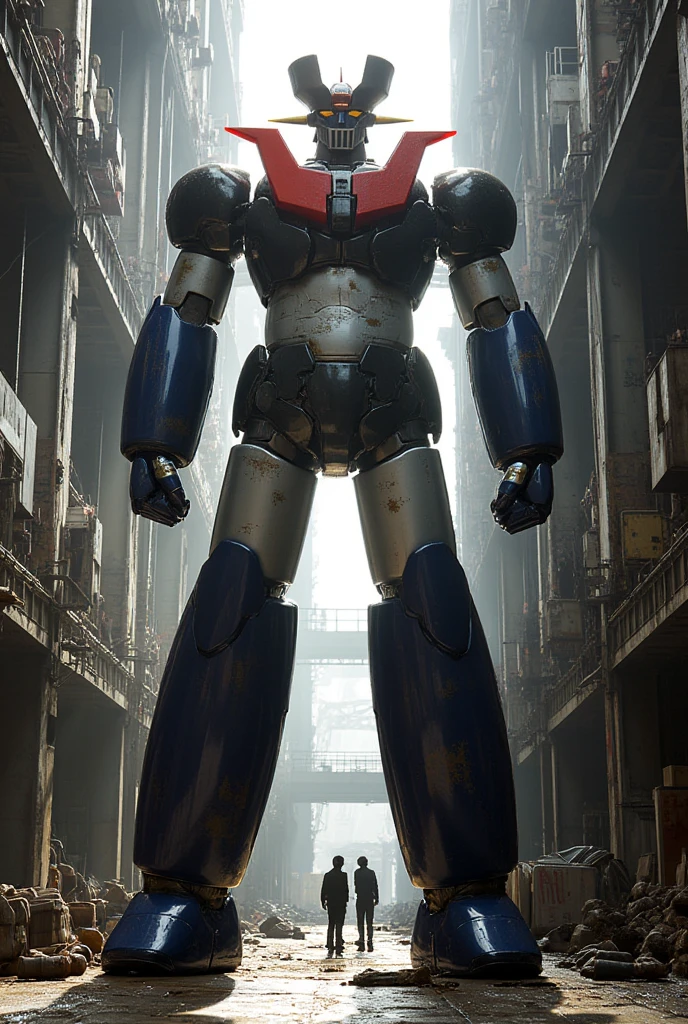   a very realistic version of the Mazinger Z , standing 38 meters high in a forward position.  constructed with modern materials such as steel ,  Carbon Fiber ,  other industrial elements are also visible ,  just like the real thing , Beautiful appearance, bolt,  realistic texture , Clean exterior showing signs of some wear .  latest electronic components Iconic features such as chest plates and heads have been carefully reproduced.  Set in a modern repair shop industrial environment ,  the appearance of Mazinger Z standing around ,  illuminated by natural light 、 huge structures highlighted with realistic shadows . 