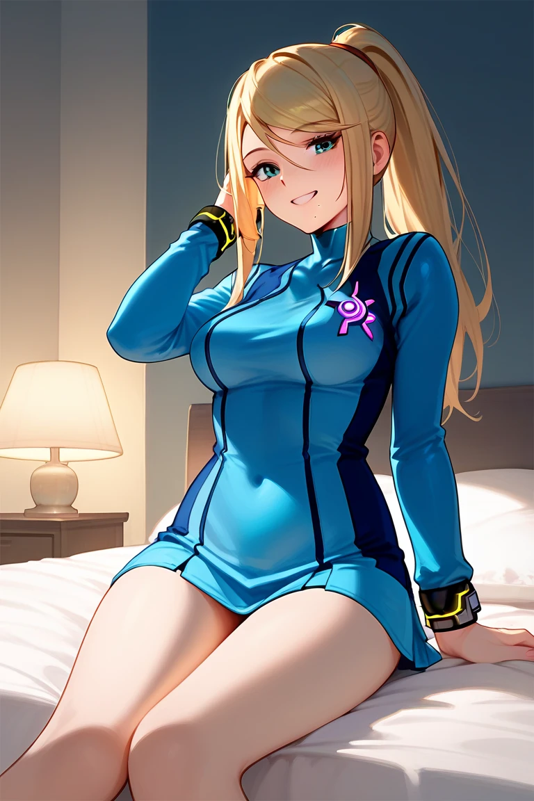 masterpiece,best quality, highly detailed, score_9, score_8_up, score_7_up, score_6_up,source_anime, BREAK, , 1girl, samus aran, perfect body,deepblue eyes,  blush, pose, uniform school outfit, bedroom background, sitting on bed, front angle, excited smile, big bedroom, Windows, lamp bed, trees , warm light, colarbone, thigh,  hourglass body