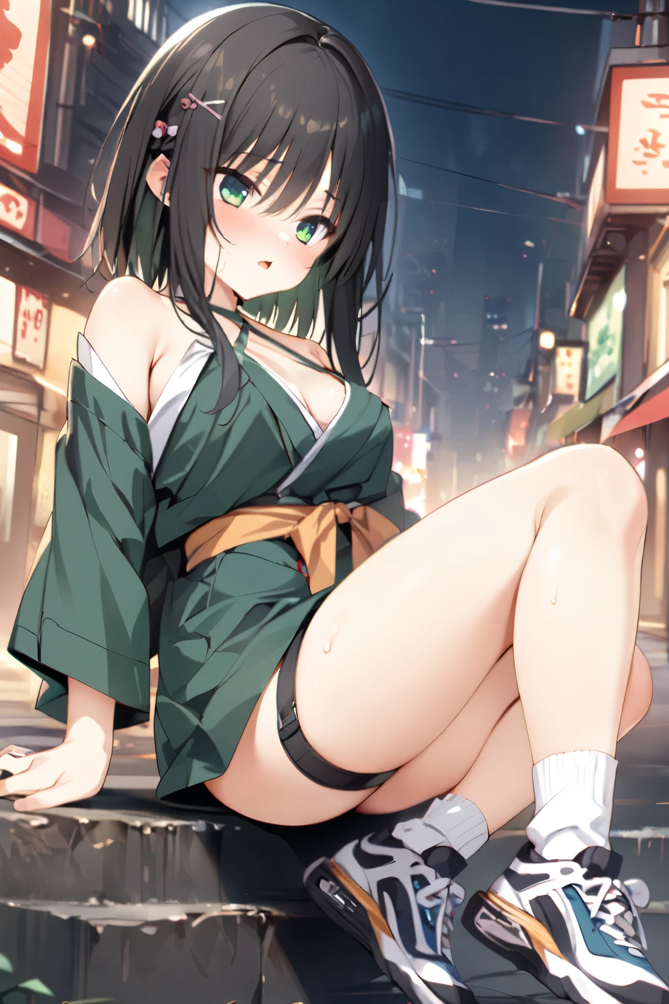 NSFW,masterpiece, top quality , high res, very detailed,Hitachi Moko、Yuzu Soft、 black hair、 medium hair、Green Eyes、 、 medium bust、side lock、 short hair and long hair、、x Hair accessories、 hair clip、 green shirt 、 halter neck 、 cross halter、 kimono、White clothing、 short kimono、band、 SHORTS、 white socks、 ankle socks 、 sneakers,Japanese-style downtown