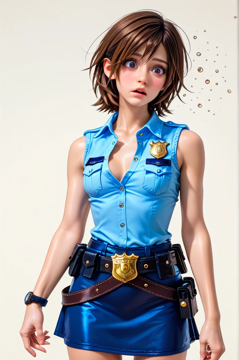  One girl ,  Kairi from Kingdom Hearts,( viewers:1.0),( slender body:1.2),(Blushed face:1.0),real skin ,small breasts,  shiny hair ,  Super Detailed Black Eyes,( Equipped Police Belt :1.5),( watch ),( shot from the front:1.2),24K,(Standing in a sexy pose:1.2),(Drunk:1.2),(Surprised:1.0),(mini length police skirt:1.2),(rolled up sleeveless police shirt ),Captivating thighs,( unmanned white background in the center of the screen:1.2),(Naturally :1.0),(( real:1.0)),(( realistic :1.0)),((Piece on chest :1.5)),(( cowboy shot:1.5))