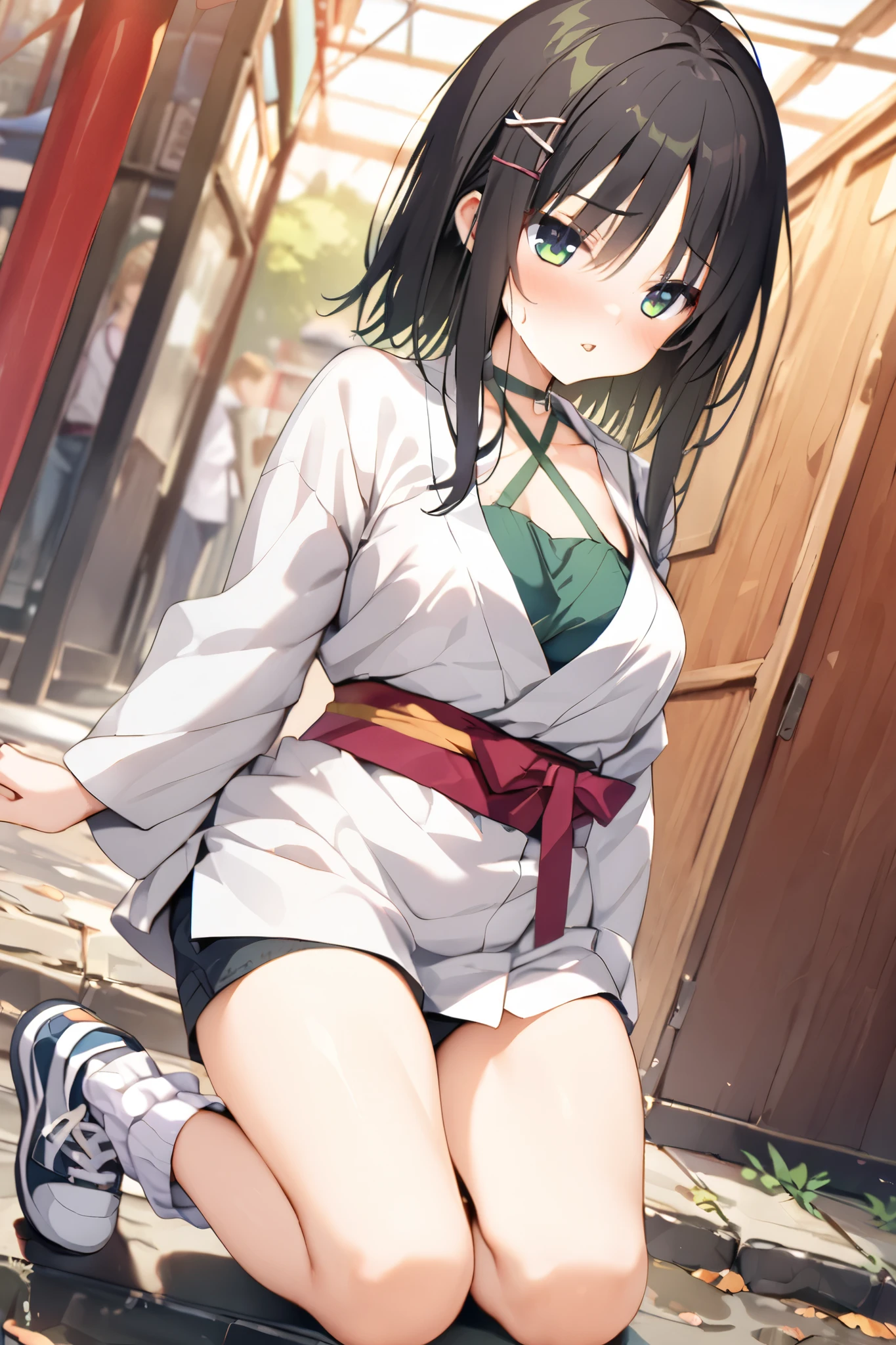 NSFW,masterpiece, top quality , high res, very detailed,Hitachi Moko、Yuzu Soft、 black hair、 medium hair、Green Eyes、 、 medium bust、side lock、 short hair and long hair、、x Hair accessories、 hair clip、 green shirt 、 halter neck 、 cross halter、 kimono、White clothing、 short kimono、band、 SHORTS、 white socks、 ankle socks 、 sneakers,Japanese-style downtown