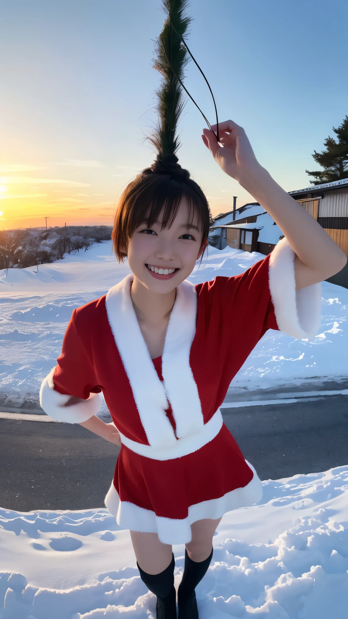 masterpiece, top quality, high image quality,( super flat , flat shading ), fisheye lens, Beautiful ite trained young Japanese girl standing on a chimney、 mini skirt Santa costume 、 red costume 、 short hair , Big Breasts , smile, smile, White Breath,fun, winter, snow, 新snow,dusk, Beautiful Sunsets ,Wide angle, bright color ,Strong winds,Flowing hair、solo、