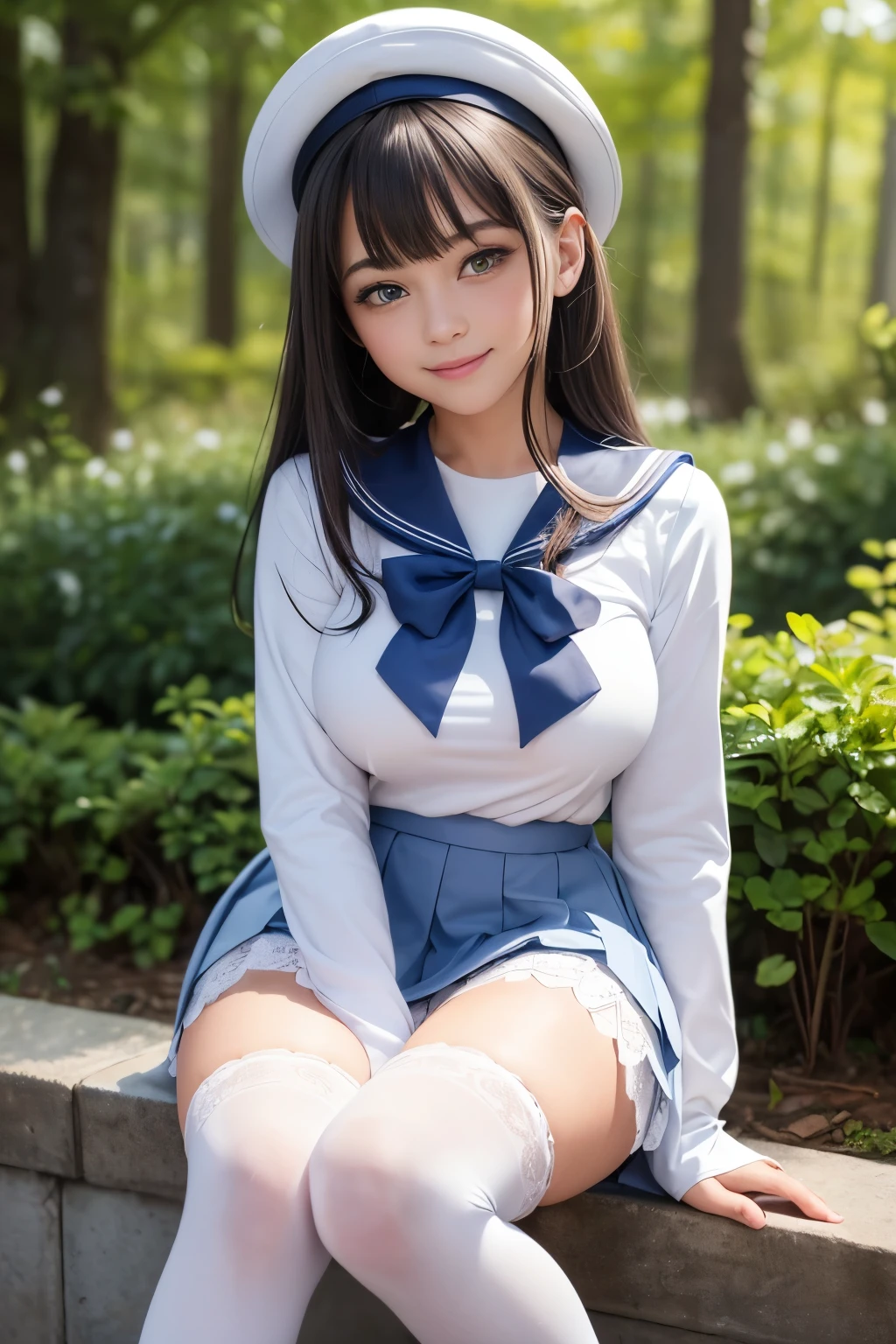 Best quality, full body focus, full body shot, perfect face, soft light, ultra high res, 8k, Masterpiece, , , view the viewer, full body , Front view, (1girl), , Cute face, (blue eys:1.5), (Dark brown Medium hair), beautiful medium breasts, , Beautiful boob, Beautiful finger, Beautiful hands, Beautiful arms, Beautiful feet, Beautiful legs, (high resolution detail of human skin texture) , ((white long sleeves sailor uniform, white pleated skirt, knee-high socks, white with lace trim, white pin high heels)), , Park,, , (( standing, , smiling, nose blush) , (see-through:0.3)shirt, ,)) , ,score_9, solo, no bra, no panties, ,