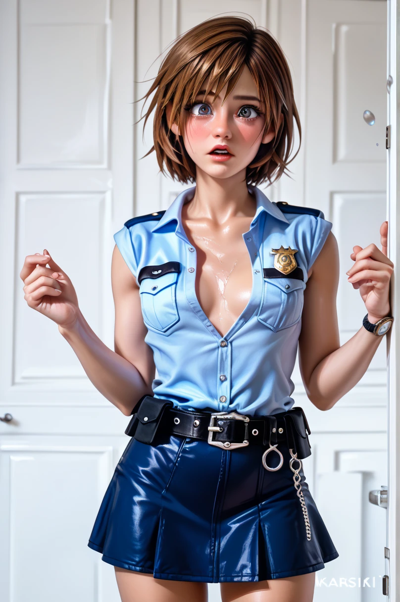  One girl ,  Kairi from Kingdom Hearts,( viewers:1.0),( slender body:1.2),(Blushed face:1.0),real skin ,small breasts,  shiny hair ,  Super Detailed Black Eyes,( Equipped Police Belt :1.5),( watch ),( shot from the front:1.2),24K,(Standing in a sexy pose:1.2),(Drunk:1.2),(Surprised:1.0),(mini length police skirt:1.2),(rolled up sleeveless police shirt ),Captivating thighs,( unmanned white background in the center of the screen:1.2),(Naturally :1.0),(( real:1.0)),(( realistic :1.0)),((Piece on chest :1.5)),(( cowboy shot:1.5))