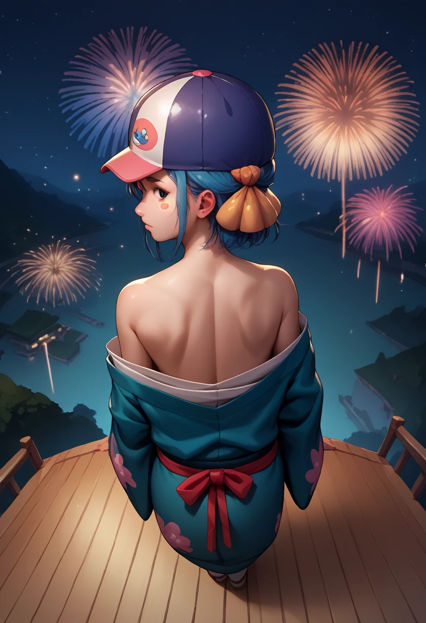  score_9,  score_8_above,  score_7_above,  score_6_above, BREAK from behind ,kimono, off the shoulder,bare shoulder, night sky,  fireworks, Looking at the viewer,Remember,  colored leather ,  blush stickers , buffoon hat  