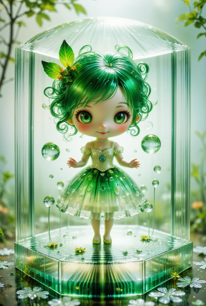 translucent Chibi Daikon lady made of glass, emerald green eyes and hair, 
lady in a beautifully designed box, 
"Price. USD 641,025" Price card with the words.