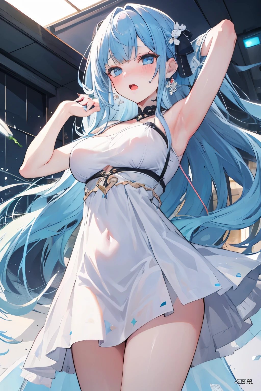 (Masterpiece), (Top Quality Anime Illustration), (Super Definition), One Girl, Solo, Beautiful Girl with Silver Hair, Anime Loli, Cat Ear Loli, Light Blue Miniskirt Cheongsam, See-through, Sleeveless, Smile, Cleavage Emphasis, Side Breasts with Bare Skin Visible, Open Stance, Thighs, Butt Protruding, Ass Focus