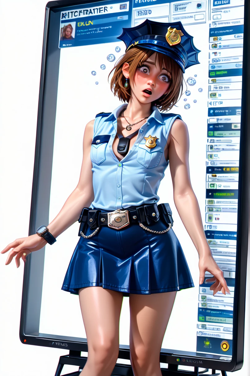  One girl ,  Kairi from Kingdom Hearts,( viewers:1.0),( slender body:1.2),(Blushed face:1.0),real skin ,small breasts,  shiny hair ,  Super Detailed Black Eyes,( Equipped Police Belt :1.5),( watch ),( shot from the front:1.2),24K,(Standing in a sexy pose:1.2),(Drunk:1.2),(Surprised:1.0),(mini length police skirt:1.2),(rolled up sleeveless police shirt ),Captivating thighs,(( unmanned white background in the center of the screen:2.0)),(Naturally :1.0),(( real:1.0)),(( realistic :1.0)),((Piece on chest :1.5)),((Please depict the body above the knee:1.5))