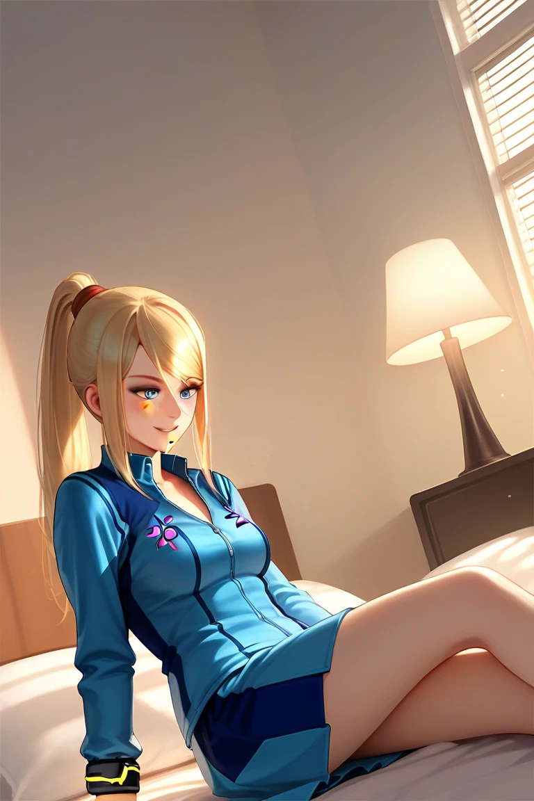 masterpiece,best quality, highly detailed, score_9, score_8_up, score_7_up, score_6_up,source_anime, BREAK, , 1girl, samus aran, perfect body,deepblue eyes,  blush, pose, uniform school outfit, bedroom background, sitting on bed, front angle, excited smile, big bedroom, Windows, lamp bed, trees , warm light, colarbone, thigh,  hourglass body