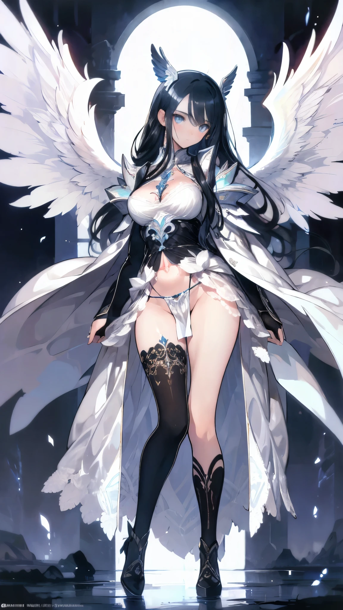 longeyelashes, light smile, doyagao, tachi-e, 8k, super detail, ccurate, best quality、((gradient hair)), long hair、((full body seen))、huge tit、a navel、a short skirt、Black tights、Beautiful light blue eyes、A detailed eye、Round glasses、angel、Halo、noberetkanatan、wing