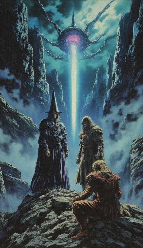 dvd screenshot of 1987 Dark Souls fantasy film, scene of a 1970’s dark fantasy two tone color hue book cover paper art style drawing of wizard and a medieval alchemist meeting on a mountain peak to hold an electricity chamber