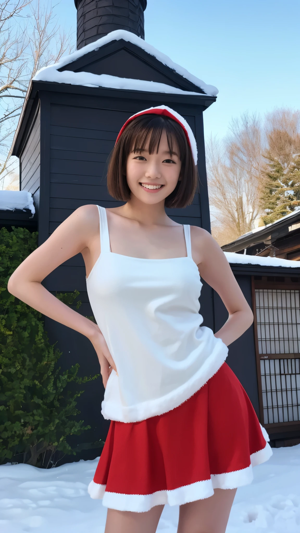 masterpiece, top quality, high image quality,( super flat , flat shading ), fisheye lens, Beautiful ite young Japanese girl standing on a chimney、 mini skirt Santa costume 、 red costume 、 short hair , Big Breasts , smile, smile, White Breath,fun, winter, snow, 新snow,dusk, Beautiful Sunsets ,Wide angle, bright color ,Strong winds,Flowing hair、solo、