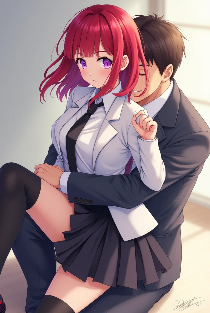 Create a anime power couple who hate each other background inside a luxury office girl on the table man grabbing her waist 