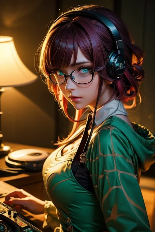 anime, girl dj, DJ, DJ girl,  headphones, Brad, ( The highest elevation image), masterpiece fails, top quality ,extremely  detail CG wallpaper, ultra_ detail,( cinematic lighting :1.1), (cold face),  green eyes ,  1girl, One, dark green_hair,  short_hair,  masterpiece fails,  top quality , glasses