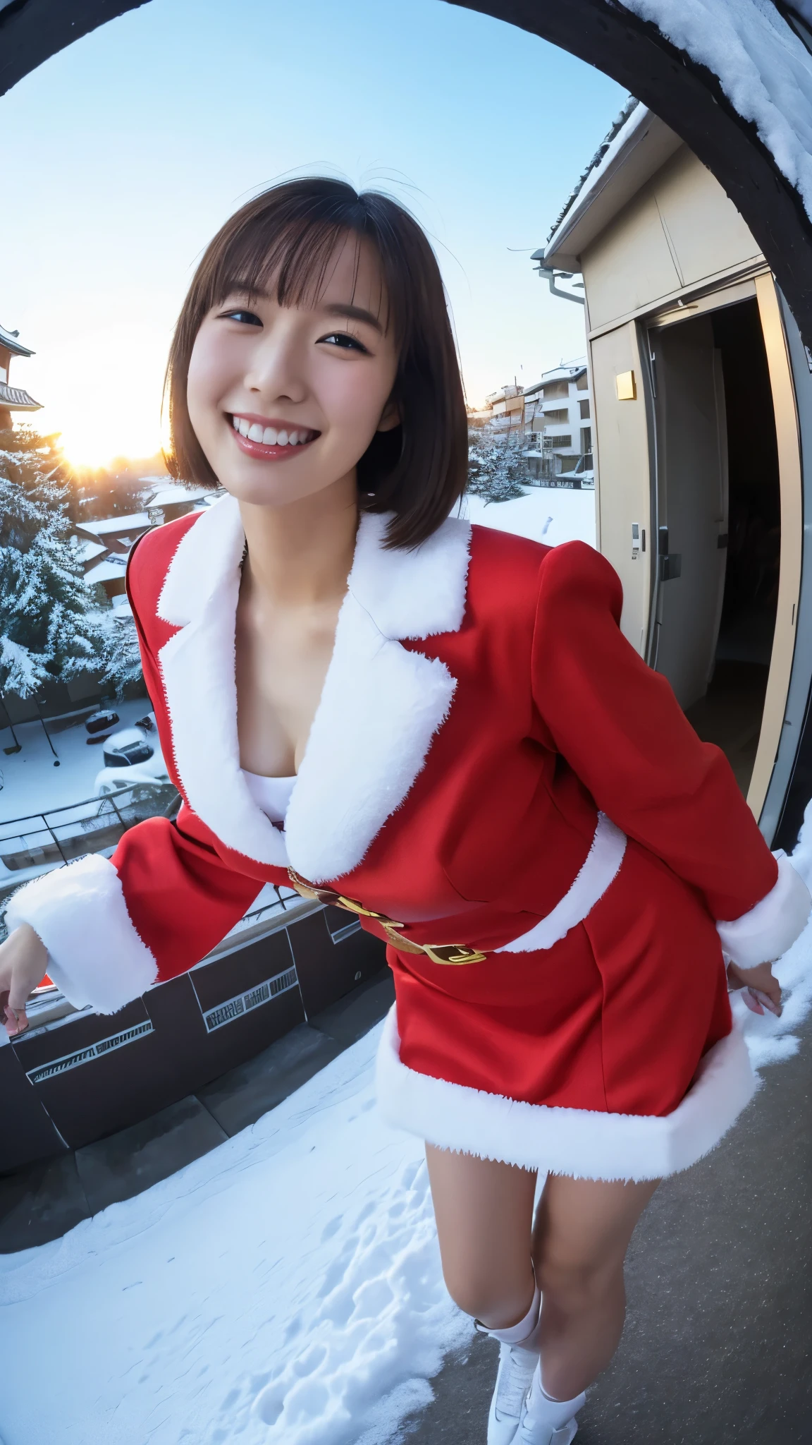 masterpiece, top quality, high image quality,( super flat , flat shading ), fisheye lens, Beautiful ite young Japanese girl standing on the roof of a multi-tenant building、 mini skirt Santa costume 、 red costume 、 short hair , Big Breasts , smile, smile, White Breath,fun, winter, snow, 新snow,dusk, Beautiful Sunsets ,Wide angle, bright color ,Strong winds,Flowing hair、solo、