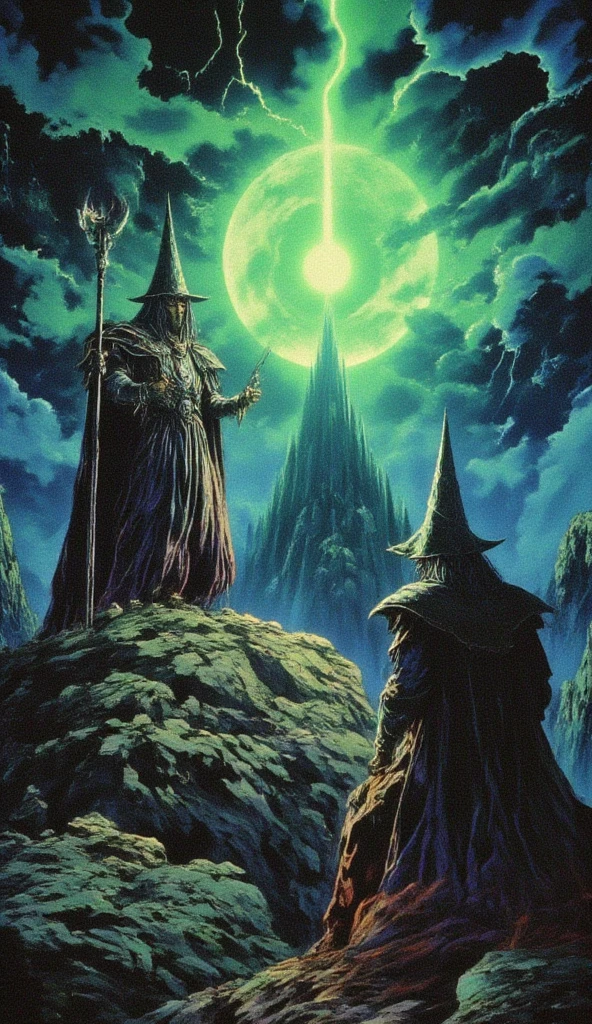 dvd screenshot of 1987 Dark Souls fantasy film, scene of a 1970’s dark fantasy two tone color hue book cover paper art style drawing of wizard and a medieval alchemist meeting on a mountain peak to hold an electricity chamber, with green atomic light 