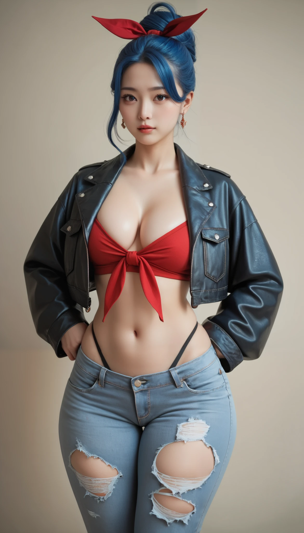 beautiful Korean in their 20s, ultra high definition, 8k, (blue hair:1.6)), Abundant girls updo , Red ribbon on the head , ( huge boobs:1.6), ( thick thighs:1.2), black thong , Denim jacket, ripped jeans