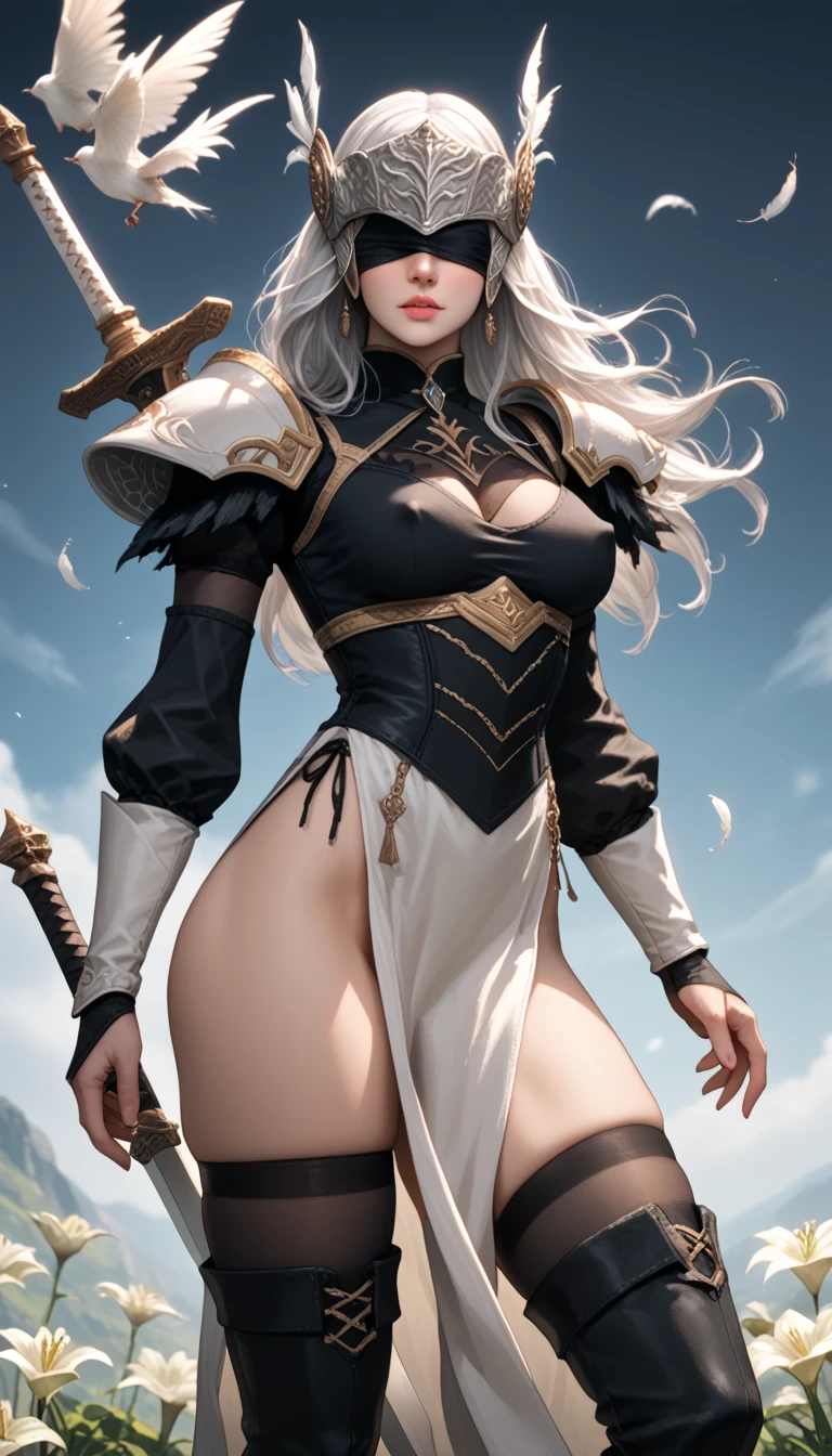 Score_9, score_8_up, score_7_up, source_real, photorealistic;; VPLenneth, 1woman, dynamic expression, long hair, braid, white hair, black blindfold over eyes, erect nipples, (armor:1.15), silver shoulder armor, helmet, tomboy-style pelvic curtain, feathers, feather-trimmed sleeves, stiletto thigh boots, (skindentation), lace trim boob window, long sleeves, ((holding very large magical katanas over shoulder:1.39), 2b_outfit;; (dynamic fighting poses:1.27);; outdoors rolling hills of "lily of the valley" flowers background;; (holding sword) 