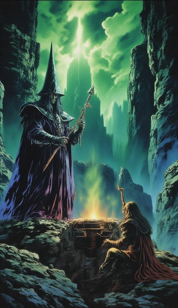 dvd screenshot of 1987 Dark Souls fantasy film, scene of a 1970’s dark fantasy two tone color hue book cover paper art style drawing of wizard and a medieval alchemist meeting on a mountain peak to hold an electricity chamber, dark fantasy two tone color hue, with green atomic light 