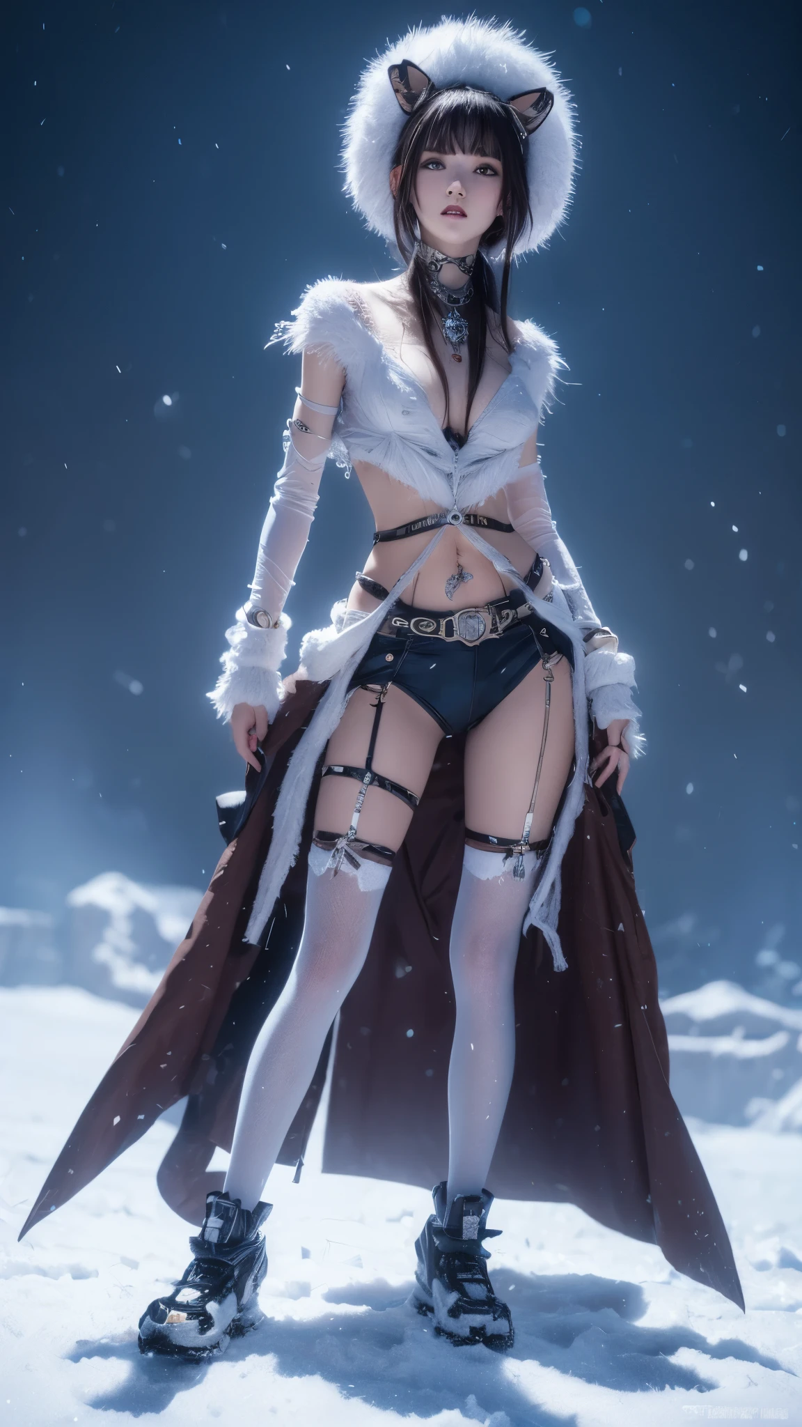 （8K， RAW photos， best qualtiy， tmasterpiece：1.2），（realisticlying， photograph realistic：1.4)，Hide your face with sadness，
Lolita costume，Lace， Aerith Gainsborough， The upper part of the body，upper legs， undergarments，exposed bare shoulders， do lado de fora， (outside，Covered with snow，cloaks，) high high quality， Adobe Lightroom， highdetailskin， looking at viewert，
