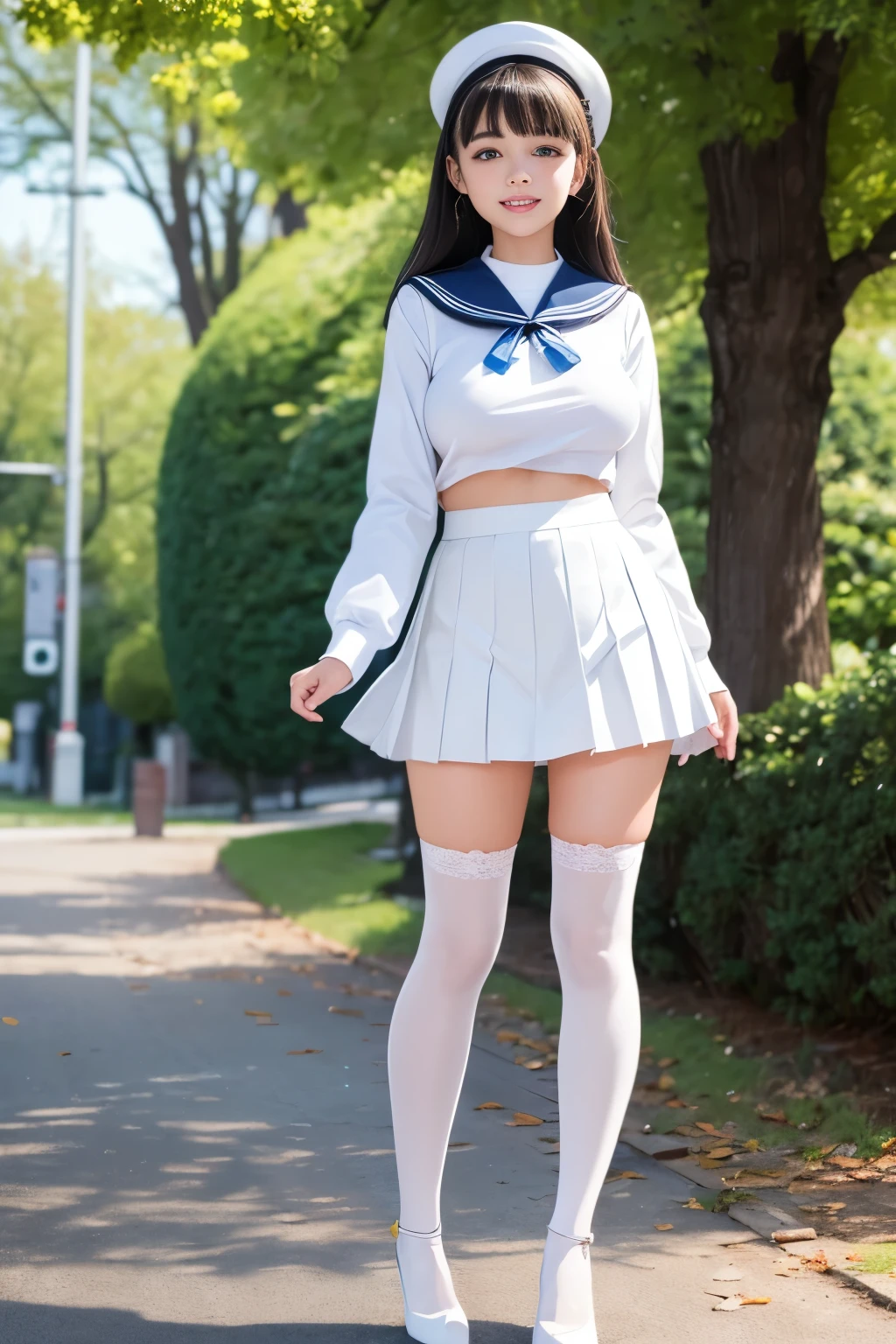 Best quality, full body focus, full body shot, perfect face, soft light, ultra high res, 8k, Masterpiece, , , view the viewer, full body , Front view, (1girl), , Cute face, (blue eys:1.5), (Dark brown Medium hair), beautiful medium breasts, , Beautiful boob, Beautiful finger, Beautiful hands, Beautiful arms, Beautiful feet, Beautiful legs, (high resolution detail of human skin texture) , ((white long sleeves sailor uniform, white pleated skirt, knee-high socks, white with lace trim, white pin high heels)), , Park,, , (( standing, , smiling, nose blush) , (see-through:0.3)shirt, ,)) , ,score_9, solo, no bra, no panties, ,