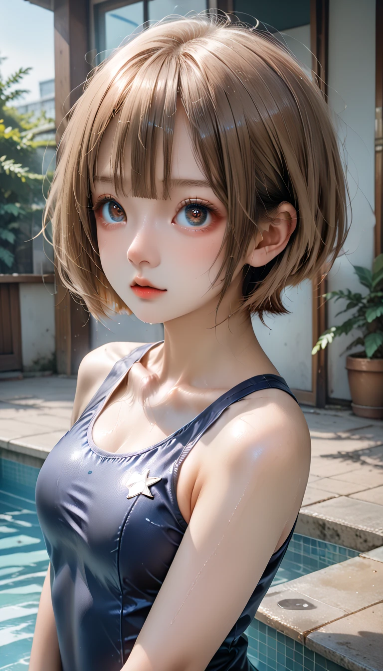 ((Best Quality))、(( real))、 girl1 person、( Beautiful Girl、Delicate girl:1.3)、(:1.3)、(( wet school swimsuit)) ( Navy Blue School Swimsuit:1.3)、(( cute pose))、  very detailed clarity 、(Symmetrical eyes:1.3)、( school pool 、indoor:1.3)、( smaller breasts)、((eye))、Brown eye、(( pixie cut))、Brown Hair、 girl、、(Eye and face details:1.0)、、(masterpiece、 please redeem 、 very detailed、 detailed face、8k)