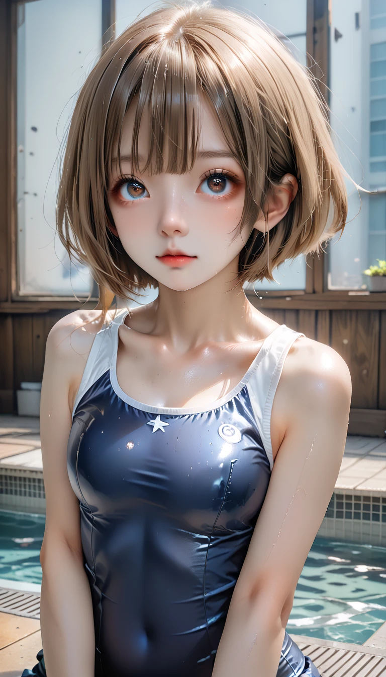 ((Best Quality))、(( real))、 girl1 person、( Beautiful Girl、Delicate girl:1.3)、(:1.3)、(( wet school swimsuit)) ( Navy Blue School Swimsuit:1.3)、(( cute pose))、  very detailed clarity 、(Symmetrical eyes:1.3)、( school pool 、indoor:1.3)、( smaller breasts)、((eye))、Brown eye、(( pixie cut))、Brown Hair、 girl、、(Eye and face details:1.0)、、(masterpiece、 please redeem 、 very detailed、 detailed face、8k)