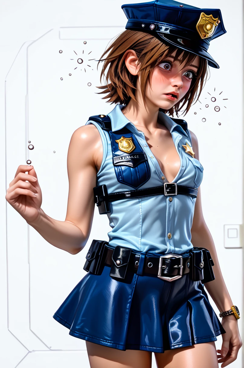  One girl ,  Kairi from Kingdom Hearts,( viewers:1.0),( slender body:1.2),(Blushed face:1.0),real skin ,small breasts,  shiny hair ,  Super Detailed Black Eyes,( Equipped Police Belt :1.5),( watch ),( shot from the front:1.2),24K,(Standing in a sexy pose:1.2),(Drunk:1.2),(Surprised:1.0),(mini length police skirt:1.2),(rolled up sleeveless police shirt ),Captivating thighs,( unmanned white background in the center of the screen:1.5),(Naturally :1.0),(( real:1.0)),(( realistic :1.0)),((Piece on chest :1.5)),(( cowboy shot:1.5))