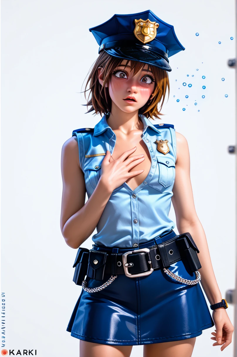  One girl ,  Kairi from Kingdom Hearts,( viewers:1.0),( slender body:1.2),(Blushed face:1.0),real skin ,small breasts,  shiny hair ,  Super Detailed Black Eyes,( Equipped Police Belt :1.5),( watch ),( shot from the front:1.2),24K,(Standing in a sexy pose:1.2),(Drunk:1.2),(Surprised:1.0),(mini length police skirt:1.2),(rolled up sleeveless police shirt ),Captivating thighs,( unmanned white background in the center of the screen:1.5),(Naturally :1.0),(( real:1.0)),(( realistic :1.0)),((Piece on chest :1.5)),(( cowboy shot:1.5))