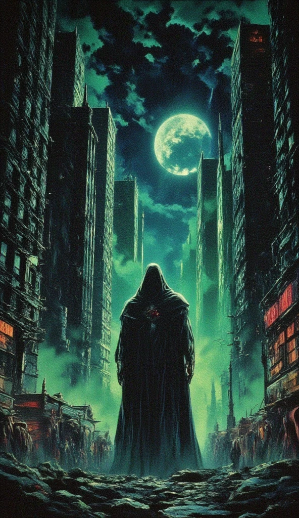 dvd screenshot of 1987 Dark Souls fantasy film, scene of very creepy realistic ghost standing in the street, new york city, portra 400, vintage photo, dark fantasy two tone color hue, with green atomic light 