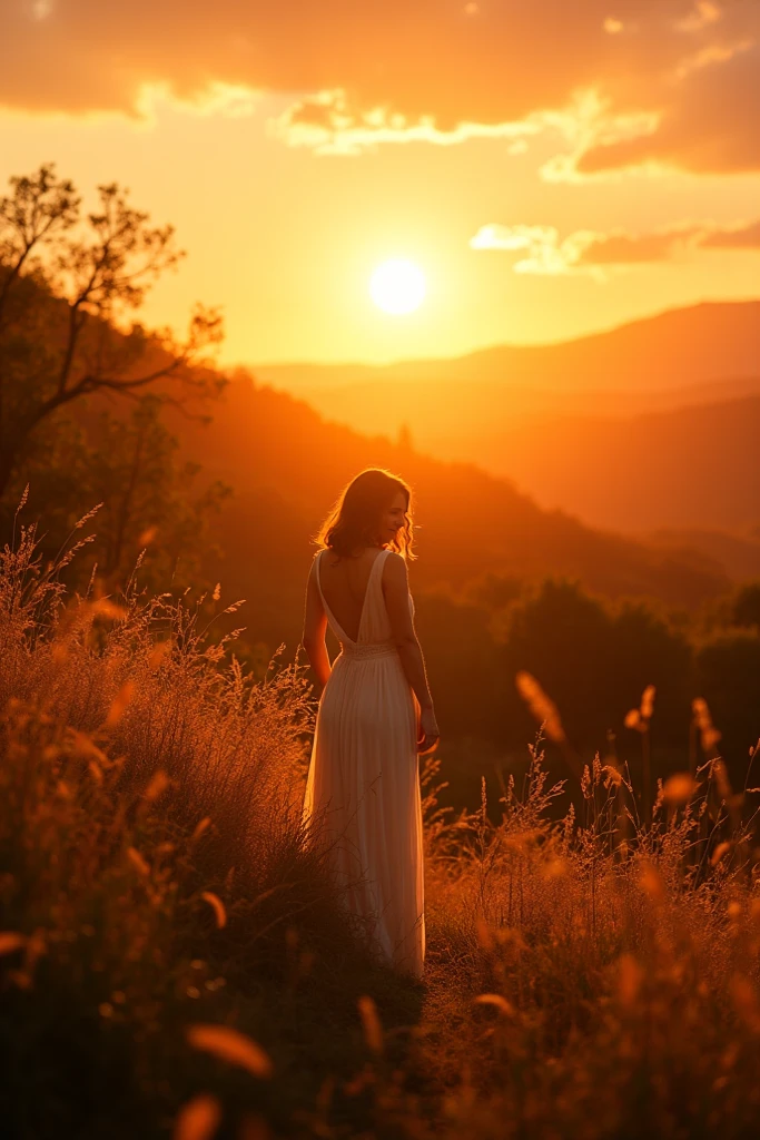 Aerial Photography，Big scene，Full length portrait of a lovely woman in a bright windy field,She stands far away， river, (Backlight), Practical, masterpiece, best quality, lens flare, In the shade, bloom, [[Chromatic Aberration]], author：Jeremy Lipking, author Antonio J. Manzanedo, number, Style-GlassFinal, Natural skin texture