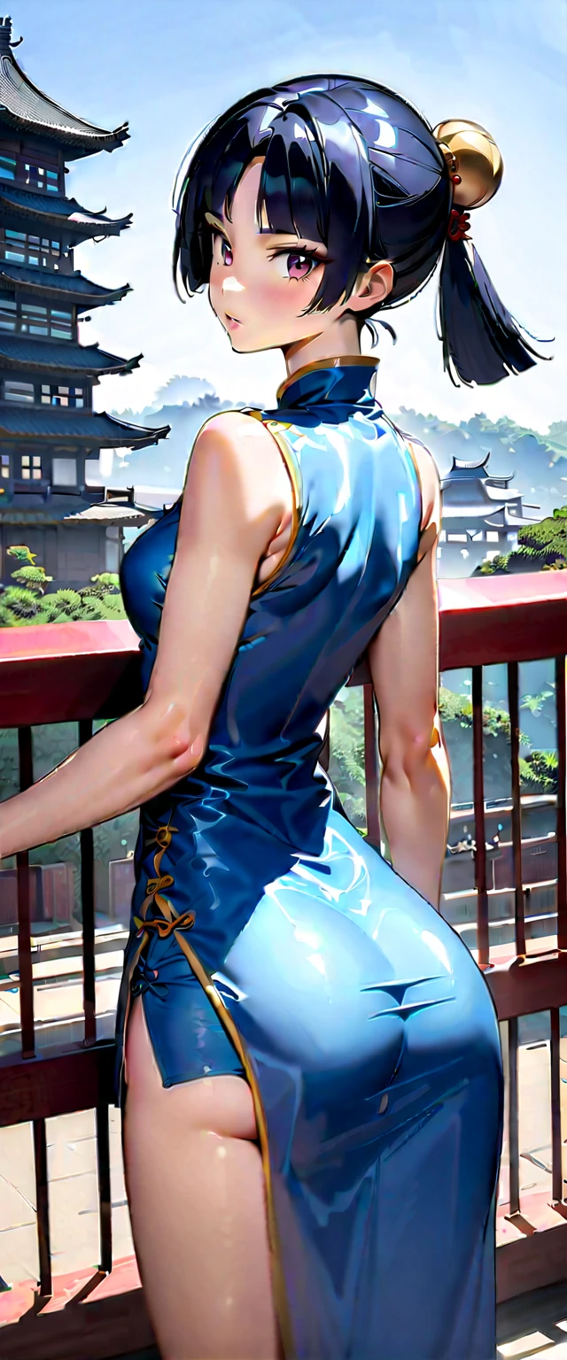 Anime girl in a blue dress posing on a balcony with a view of the pagoda, 青い China Dressを着て, miniskirt、Tracer in a skinny dress, She wore a blue cheongsam.,  China Dress, white panties、 Chunli, miniskirt、  trending at cgstation ,  beautiful charming anime woman , Chunli, chinese dress, Chunli, miniskirt、 white panties、 Lostland Style,  beautiful digital artwork 