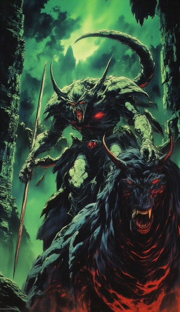 dvd screenshot of 1987 Dark Souls fantasy film, scene of Create an illustration by Junji Itō and Olivier Ledroit featuring Diablo the lord demon, but with the distinctive aesthetic of 90s analog photos. Emphasize the retro texture inherent to analog developments, ensuring to capture the visual essence of that era. Pay attention to details to recreate the authentic look of analog photographs from that period, while also bringing a contemporary touch to the overall composition., dark fantasy two tone color hue, with green atomic light 