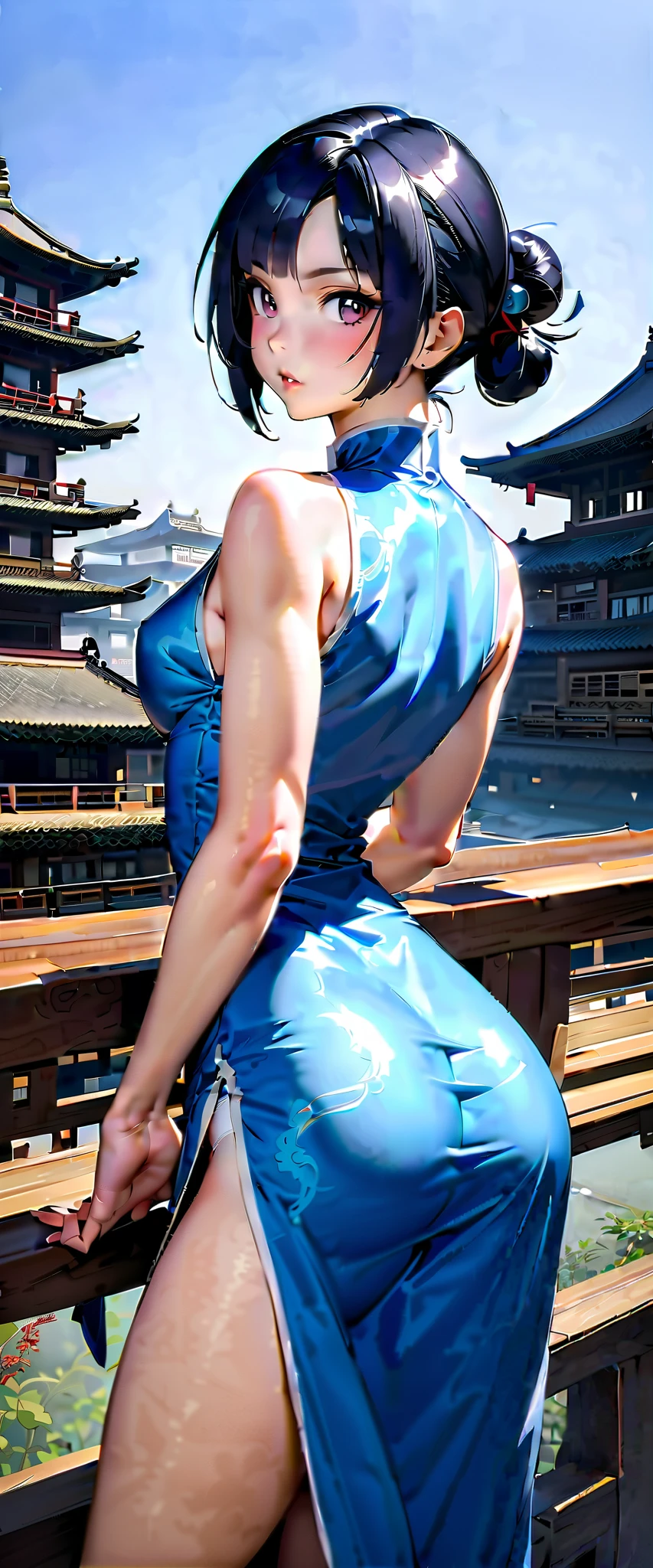 Anime girl in a blue dress posing on a balcony with a view of the pagoda, 青い China Dressを着て, miniskirt、Tracer in a skinny dress, She wore a blue cheongsam.,  China Dress, white panties、 Chunli, miniskirt、  trending at cgstation ,  beautiful charming anime woman , Chunli, chinese dress, Chunli, miniskirt、 white panties、 Lostland Style,  beautiful digital artwork 