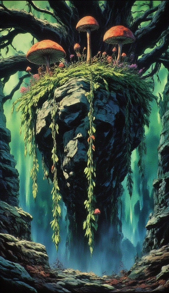 dvd screenshot of 1987 Dark Souls fantasy film, scene of 3D photo of an art piece floating in the air. The big rock with magic flowers and mushrooms, moss, wisteria, and devil's ivy is tied to the roots of a banyan tree. Taken on a Medium Format Camera with ambient lighting using a Zeiss Distagon T* 50mm lens., dark fantasy two tone color hue, with green atomic light 