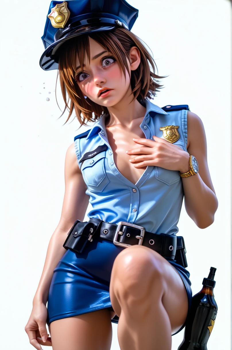  One girl ,  Kairi from Kingdom Hearts,( viewers:1.0),( slender body:1.2),(Blushed face:1.0),real skin ,small breasts,  shiny hair ,  Super Detailed Black Eyes,( Equipped Police Belt :1.5),( watch ),( shot from the front:1.2),24K,(Standing in a sexy pose:1.2),(Drunk:1.2),(Surprised:1.0),(mini length police skirt:1.2),(rolled up sleeveless police shirt ),Captivating thighs,(( white background :2.0)),(Naturally :1.0),(( real:1.0)),(( realistic :1.0)),((Piece on chest :1.5)),((Please depict the body above the knee:1.5))