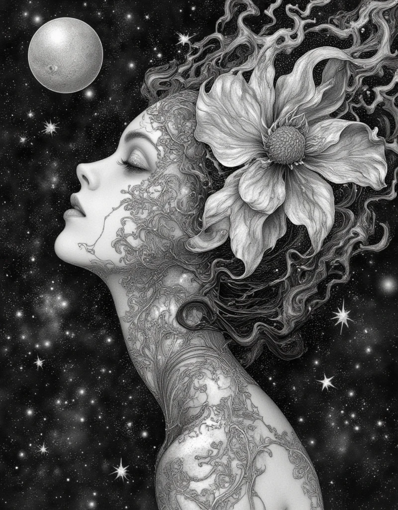 a woman with a flower in her hair, face melting into the universe, by Virgil Finlay, inspired by Dan Hillier, Starry space, disney and dan hillier, moebius and dan hillier, inspired by Virgil Finlay, in the astral plane, intricate charcoal illustration, style of virgil finlay, ArsMJStyle, Stained Glass, in the style of james-jean