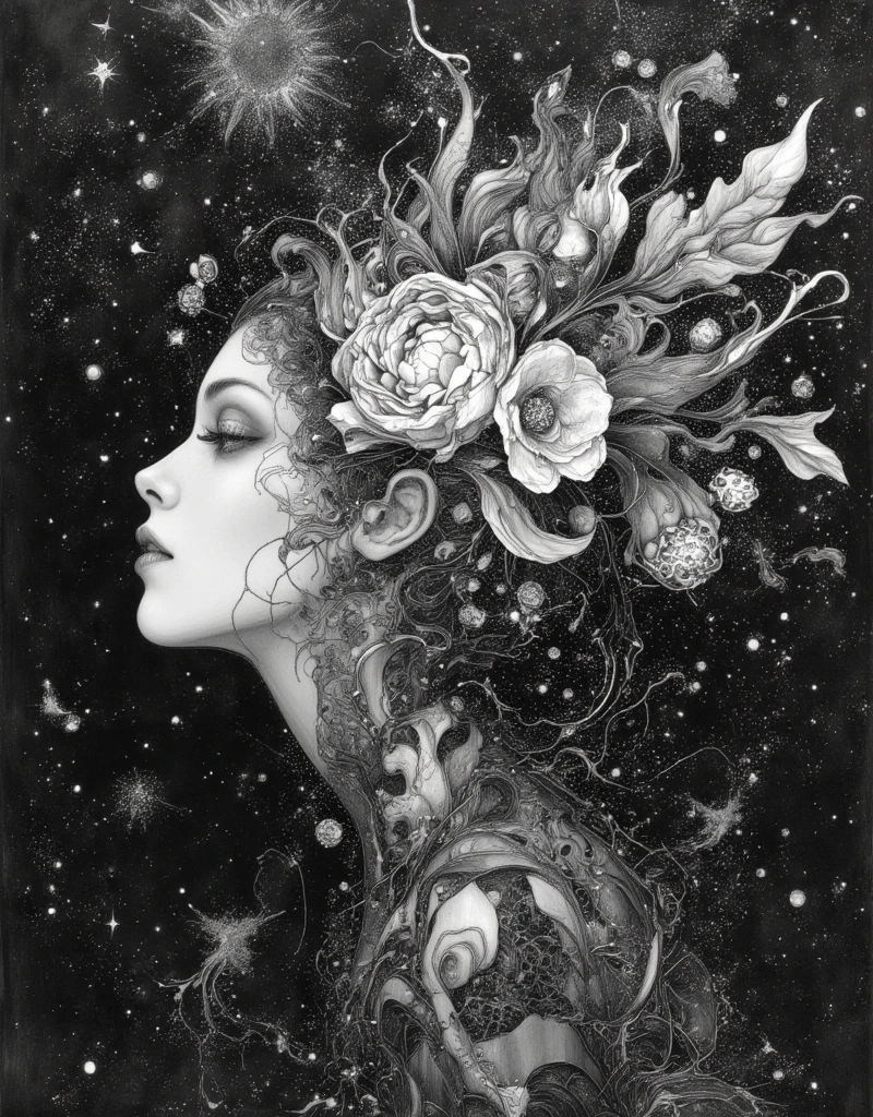 a woman with a flower in her hair, face melting into the universe, by Virgil Finlay, inspired by Dan Hillier, Starry space, disney and dan hillier, moebius and dan hillier, inspired by Virgil Finlay, in the astral plane, intricate charcoal illustration, style of virgil finlay, ArsMJStyle, Stained Glass, in the style of james-jean