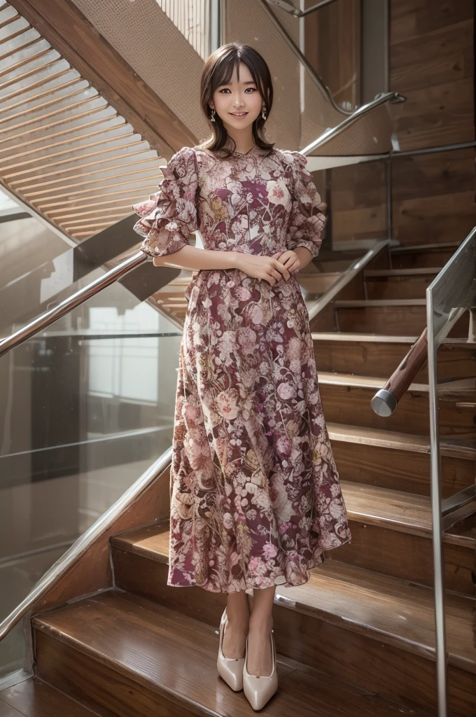  Japanese model woman in dress is standing on the stairs,  wearing a long floral dress , rococo ruffle dress, Art Nouveau dress ,  expensive voluminous dress ,  is wearing a long dress,  Modest Loose Gown ,  a dress that covers the whole body , Rococo Dress, Grape Dress、 looking at camera、 Detailed Beautiful Eyes 、 cute smile、 a soft and gentle expression 、The background is a deep forest