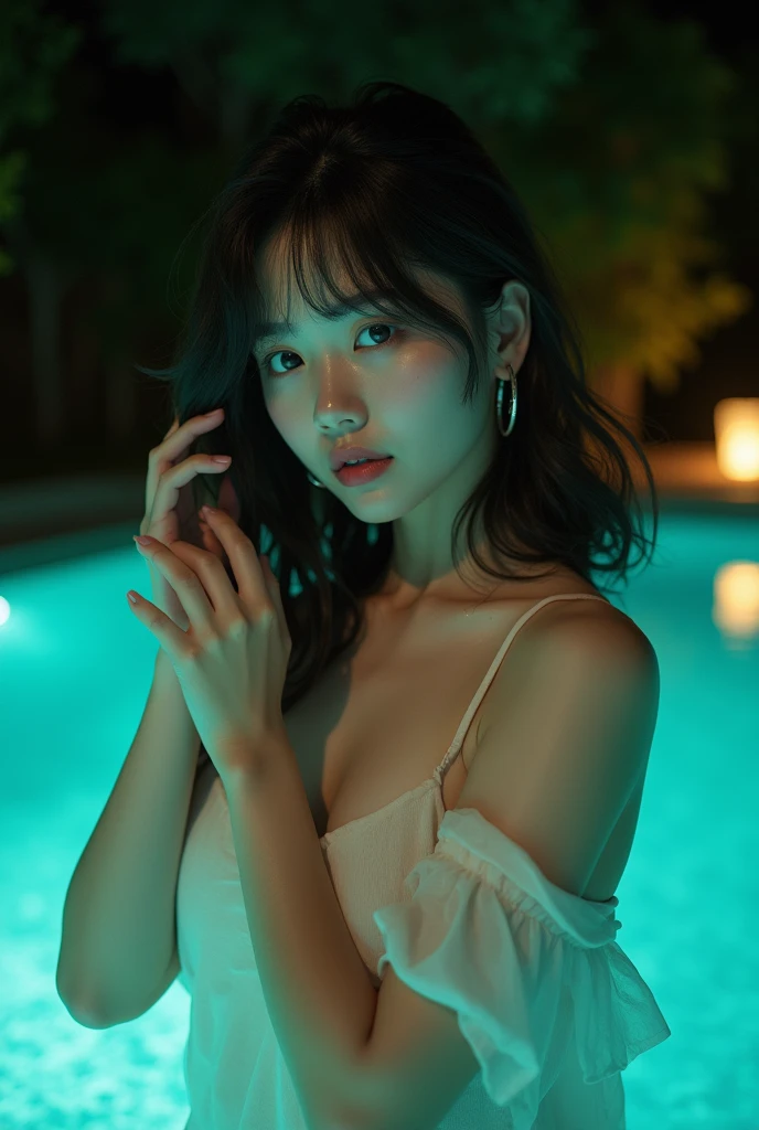 A Korean, only in a nightgown, half gray sweater, medium breasts, large thighs, Bblack hair, big-ass, standing, the night, in a jacuzzi, a jacuzzi fica em local fechado ao ar livre, blue lights, delicious, she&#39;s not wearing anything but a lovely nightgown, delicious, she has a very sexy expression, perfeito, rosto sem maquiagem, rosto mais maduro, ela está exibindo suas belas cochas, cabelo longo, magra, corpo em ótima forma, de costas, bunda, mostrando a bunda, biquíni, ela está de biquíni, ela está segurando um pênis de borracha e ela está com a língua pra fora o lambendo, língua pra fora, rosto de prazer, prazer, pau de borracha, vibrador, 