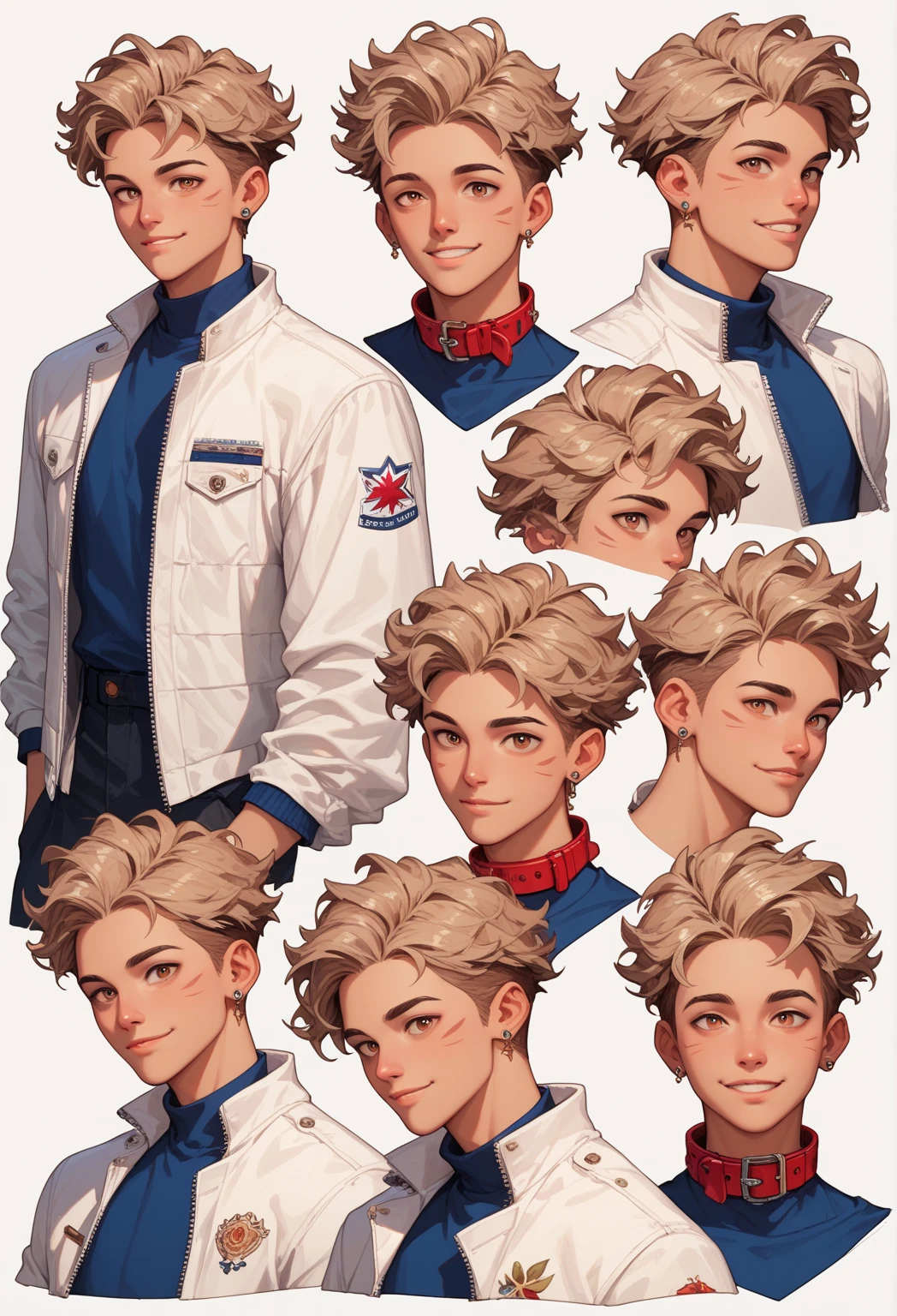 (( Masterpiece fails ,  highest quality)),   detailed face ,   leaf feature  ,  total height, full of details ,   many poses and expressions,   Smile Very detailed , A cat boy with long blond hair , brown-eyed , with a dark blue blouse with a white jacket and a red collar