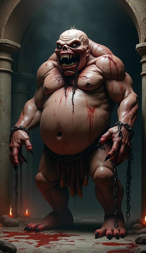 Game character design,Second dimension style,A monster with soul all over its body,Black soul state,The body emits black smoke,The body is bloated,Obese body,Ricketed body,Red mask on face,Black liquid dripping from the body,Chains on the body,Skin has ghost face lines,Combat Status,Standing on white stone,White background