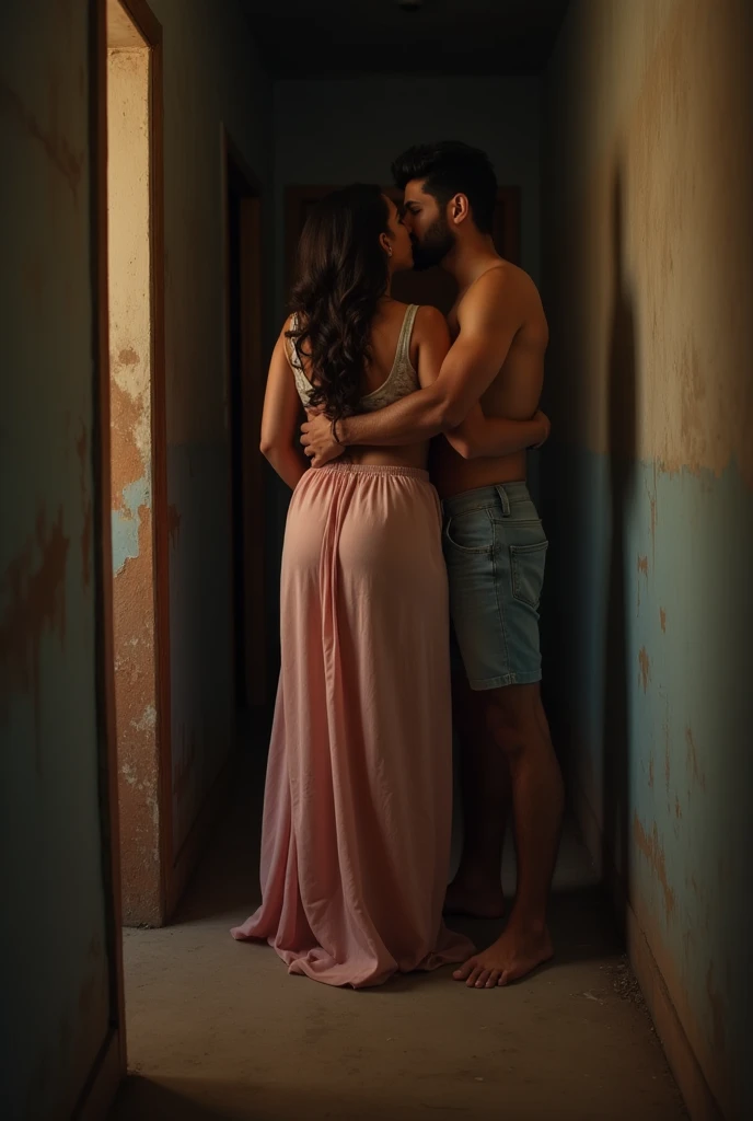 The image shows a couple in a swimsuit taking a selfie in front of a wooden frame mirror. The woman, in front, she is wearing a lavender bikini and holding the phone. The man, Behind her, Without a shirt and wearing shorts, he hugs her and kisses her on the cheek.. They are in a hallway with a staircase with yellow handrails., an arch on the wall, a ceiling lamp, and a painting of a house with a garden on the background wall.