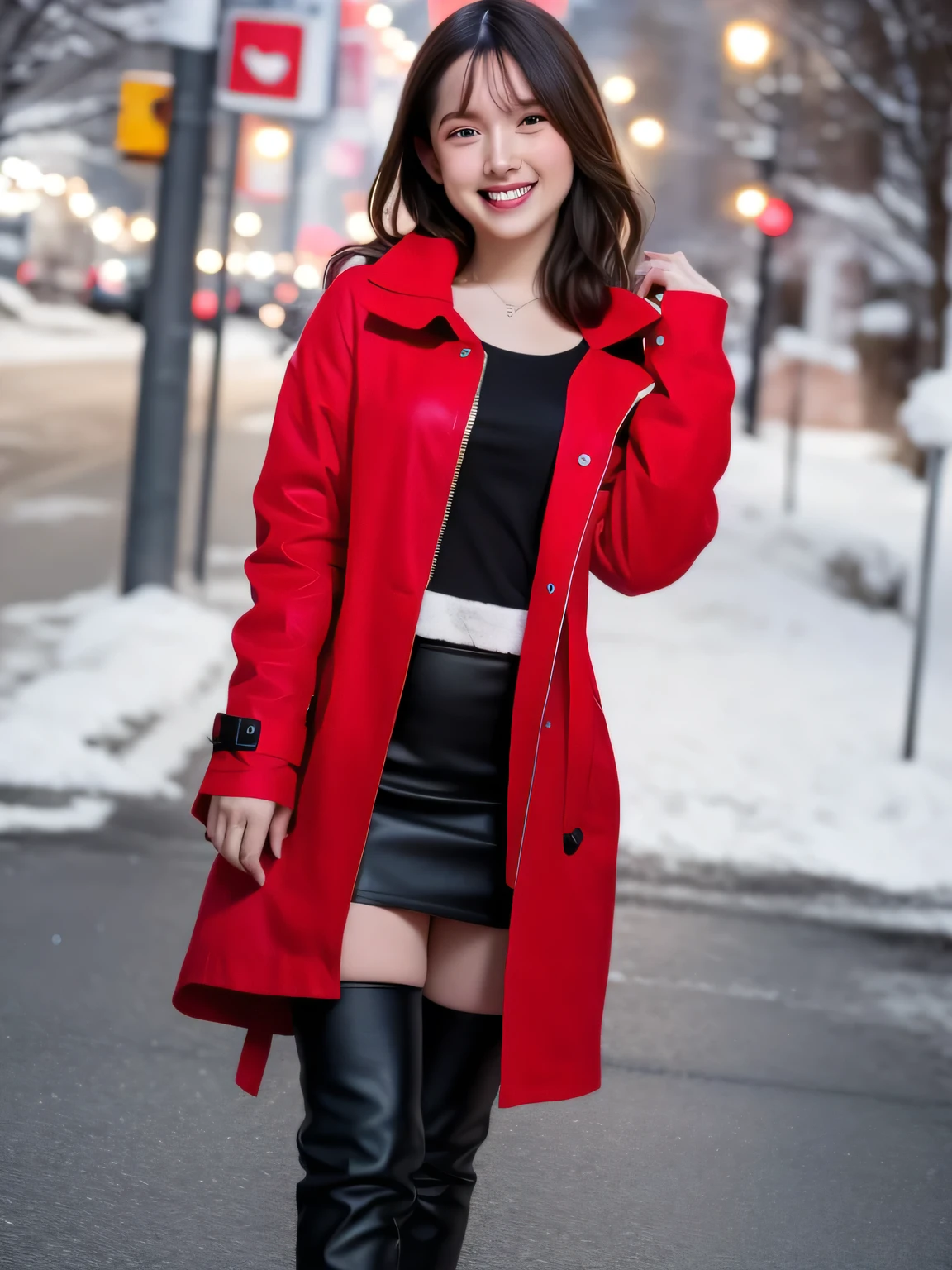 She is dressed in a classic Santa Claus outfit, with a red and white coat, a matching skirt, and black boots, perfectly tailored to her small frame. On her back, she carries a large, white sack filled with presents, the soft fabric of the bag hinting at its generous contents. The The background is a street corner illuminated with Christmas decorations, with the sky transitioning from a warm orange of sunset to the cool blue of night. Snowflakes gently fall, adding to the tranquil winter atmosphere. The girl’s bright and cheerful expression contrasts beautifully with the peaceful surroundings, evoking a sense of warmth and festive joy.  20 years old, ( RAW photos , top quality ), ( realistic , photo- realistic :1.4), masterpiece, very delicate and beautiful , extremely detailed , 2k wallpaper, wonderful, detailed description , extremely detailed CG unity 8k wallpaper, Ultra Detailed, high res, Soft light, girl with beautiful details, extremely detailed eyes and face, beautiful detailed nose, beautiful detailed eyes, 3D illustration of a sexy slim fit woman with big breasts in her 20s drawn by , Perfect Anatomy, slender body, smile. 