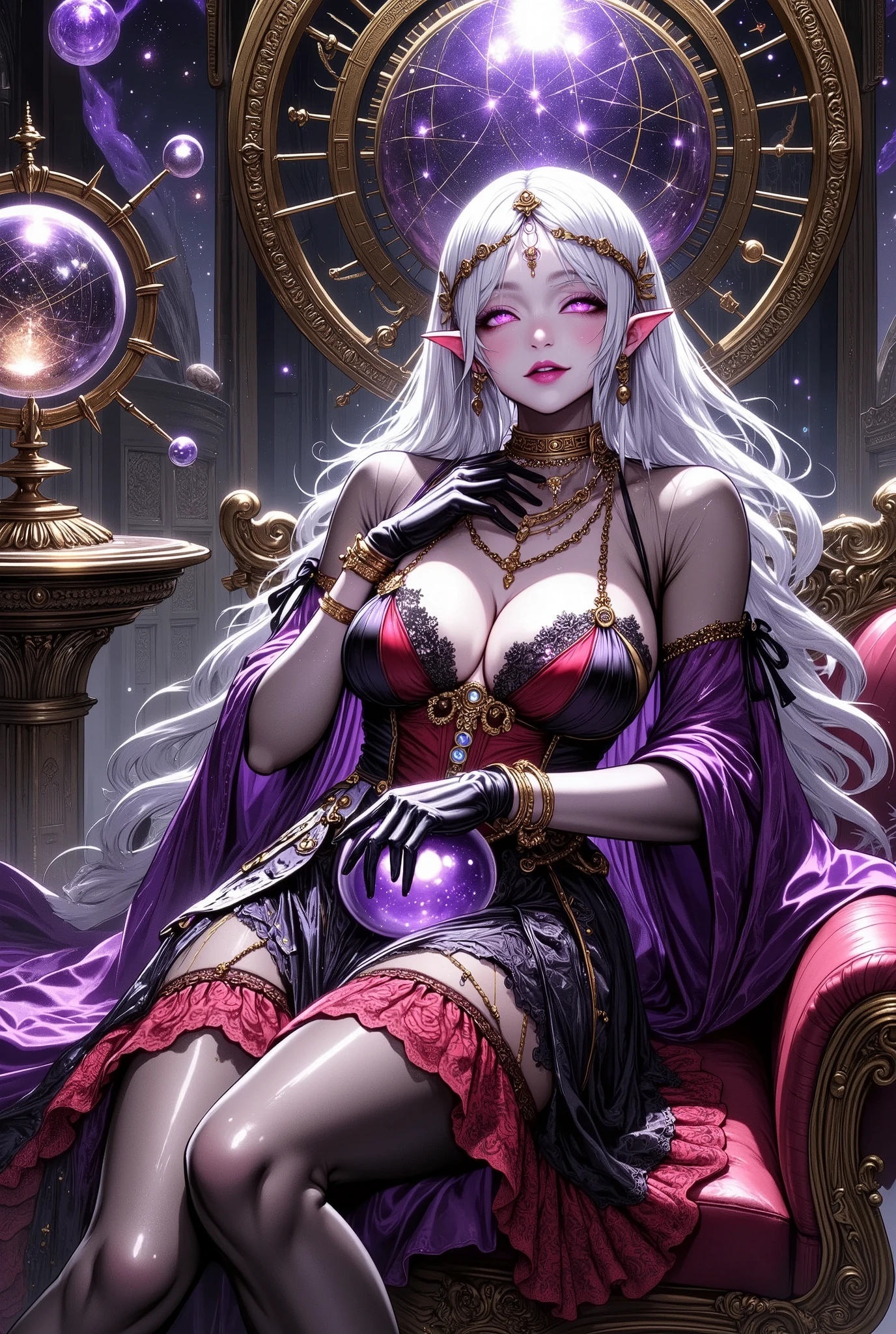 (Ultra-detailed face, Fantasy Illustration with Gothic. Dark tone colors.), BREAK 
(A medieval, Scandinavian-style world where magic meets analog machines. A young human female astrologer sits languidly on a Victorian sofa in the hall of a fortune-telling house with a huge celestial globe. (She smiles a devious, seductive smile.)), BREAK 
(She has pure white hair and eyebrows, round ears, blunt bangs, waist-length wavy messy hair, lavender eyes, small pink lips, translucent white skin, and dark, thick eyeliner.), BREAK 
(Gypsy look. She wears a white lace veil and a white lace face veil. She wears a necklace of fan-shaped iridescent beads. She wears a deep red lace choli and a petal skirt of black fabric with red roses. She wears silver stockings and red Sabrina shoes.), BREAK 
(In front of the sofa is a round table with a crimson tablecloth and a floating iridescent crystal ball. The celestial globe is a combination of balls resembling planets, concentric rings, and gears of various sizes, powered by fire, water, earth, and wind.)